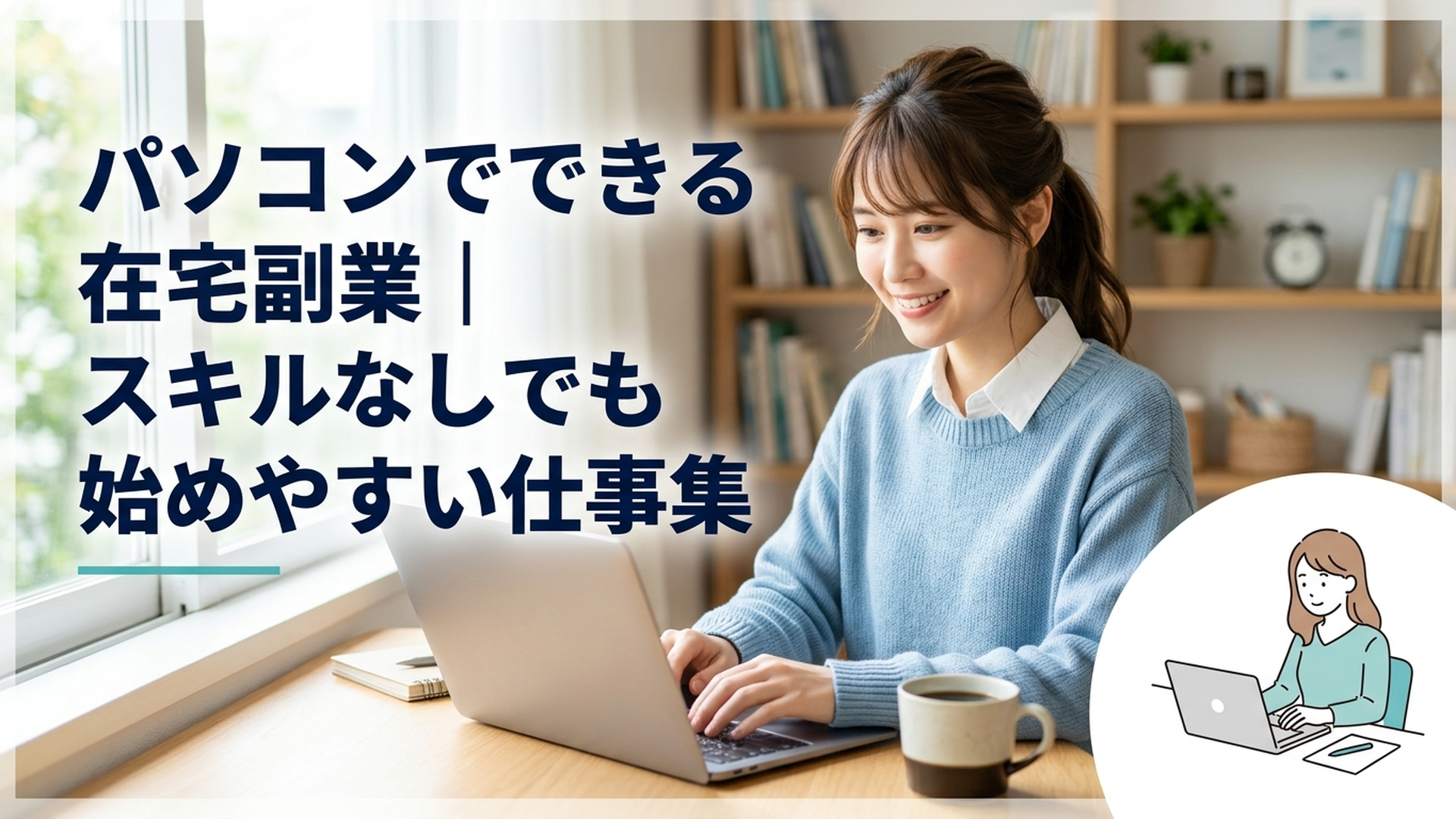 自宅のデスクでノートパソコンに向かい、副業のリサーチをする女性の柔らかいイラスト