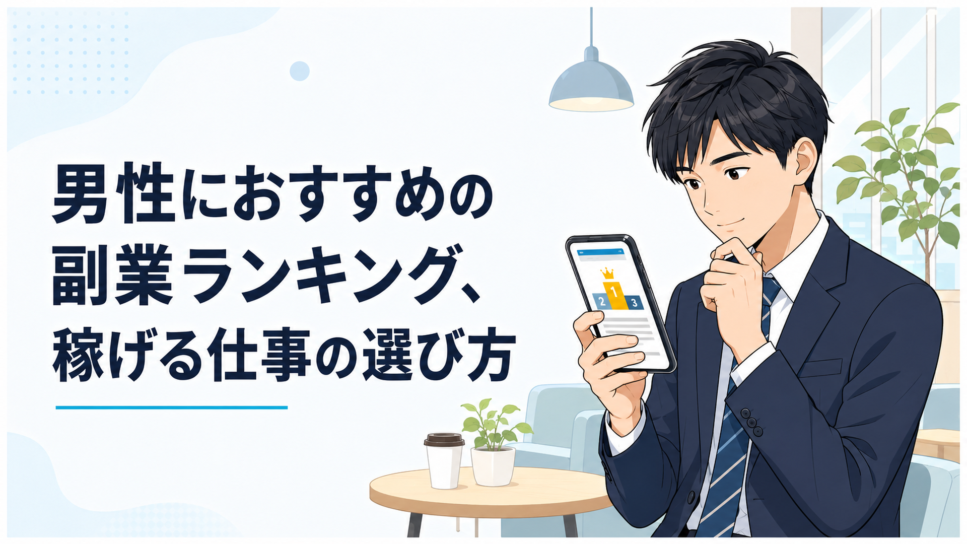 スーツ姿の22歳くらいの日本人男性が、休憩スペースでスマホを見ながら「男性におすすめの副業ランキング」という記事を読んでいるシーン