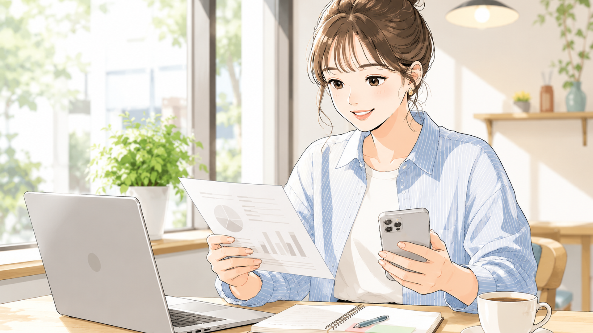 カフェの窓際で資料とスマートフォンを見比べながらリサーチする22歳の日本人女性
