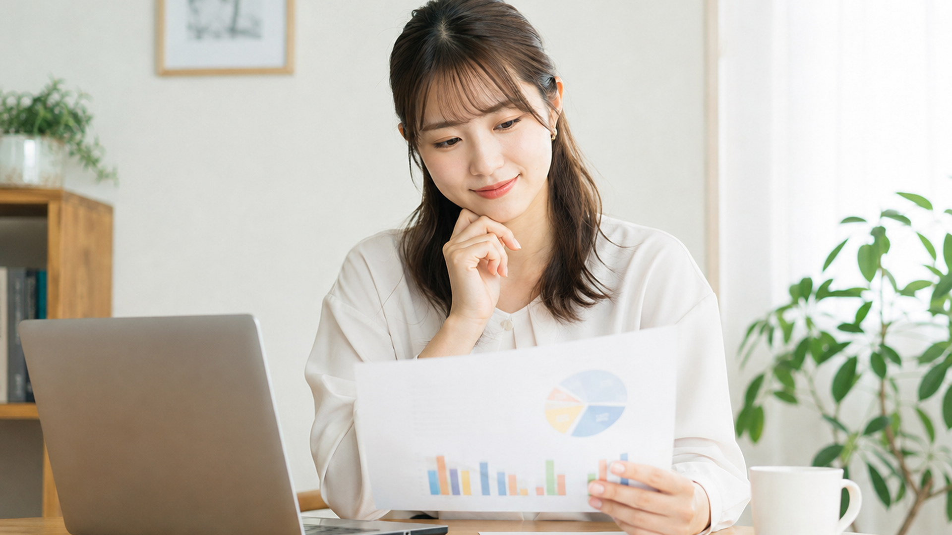 グラフや調査データの資料を見ながら考える22歳の日本人女性
