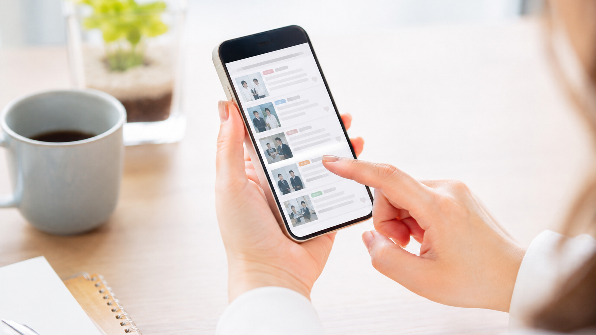 スマートフォンで求人検索サイトの一覧画面を見る女性の手元
