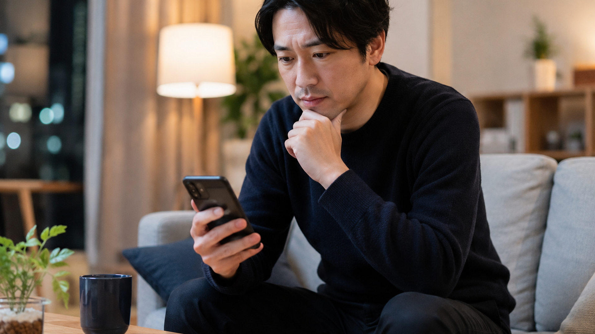 夜のリビングでスマートフォンを見ながら考え込む男性会社員