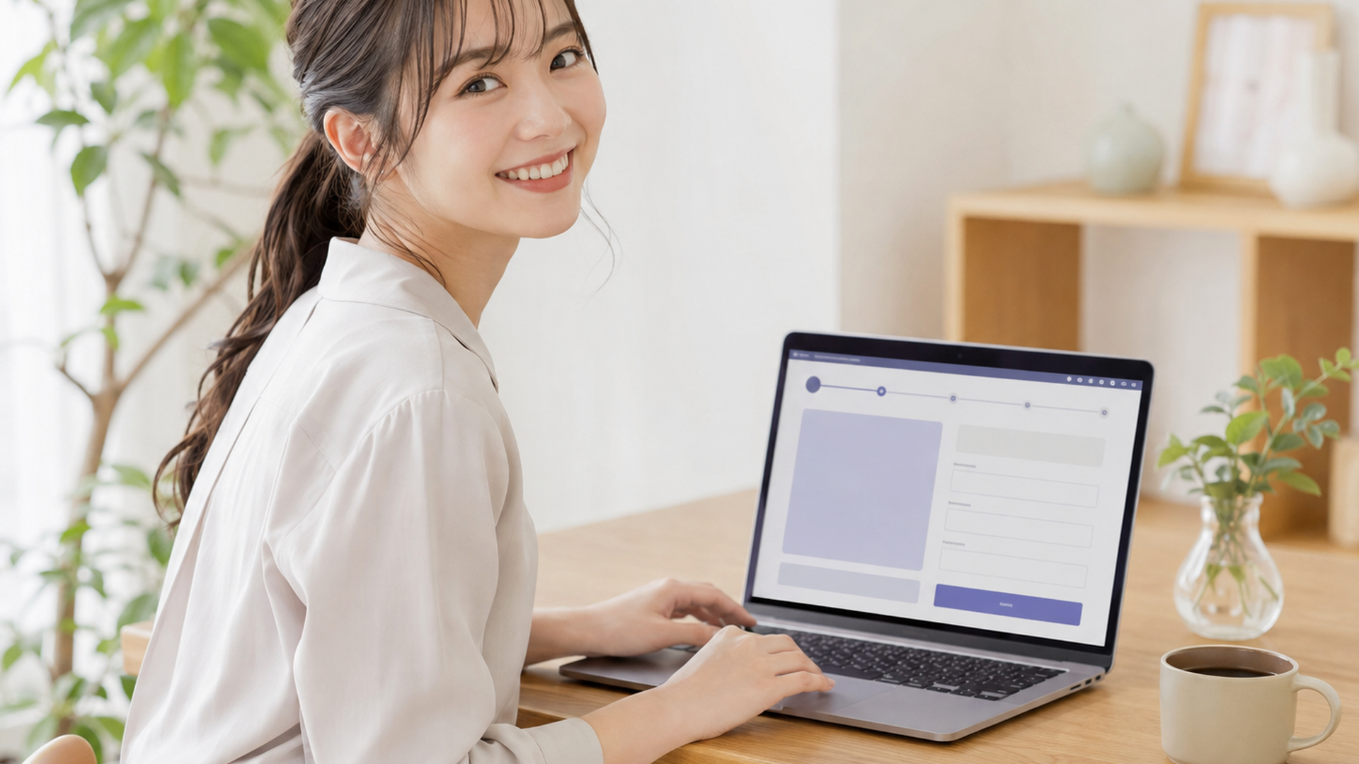 ノートPCの画面でブログの初期設定画面を操作する22歳の日本人女性