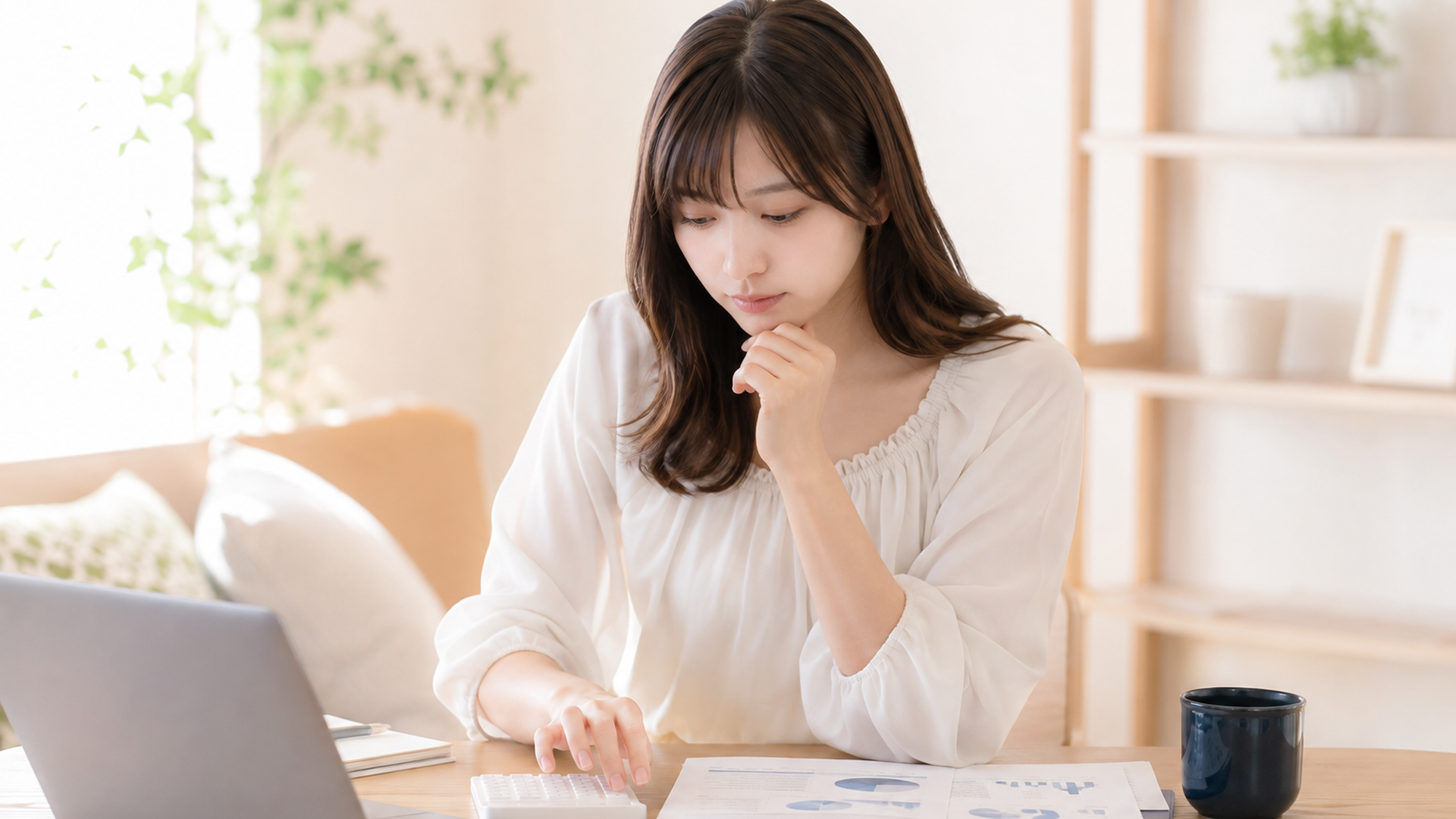 電卓と書類を前に真剣な表情で確認する20代日本人女性